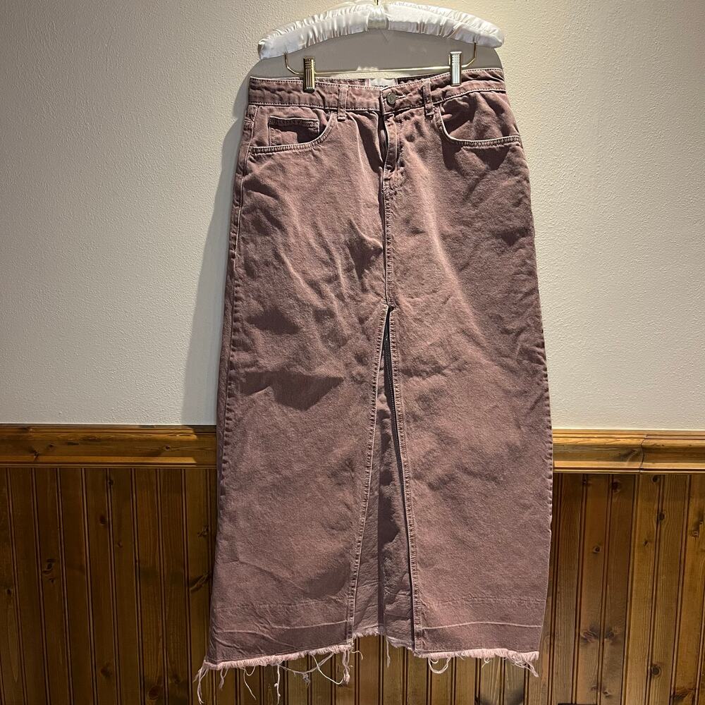 BDG Mandi Denim Maxi Skirt Sz L Maroon Front Slit Western Casual Raw Hem